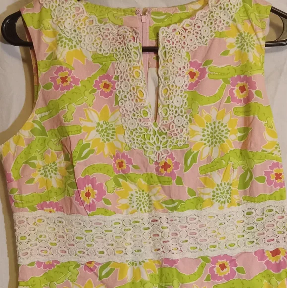 🎁🩷💚⚜️Lilly Pulitzer⚜️🩷💚Shift Dress Pink Green Gator Sleeveless Lace Size 8 - Picture 6 of 13
